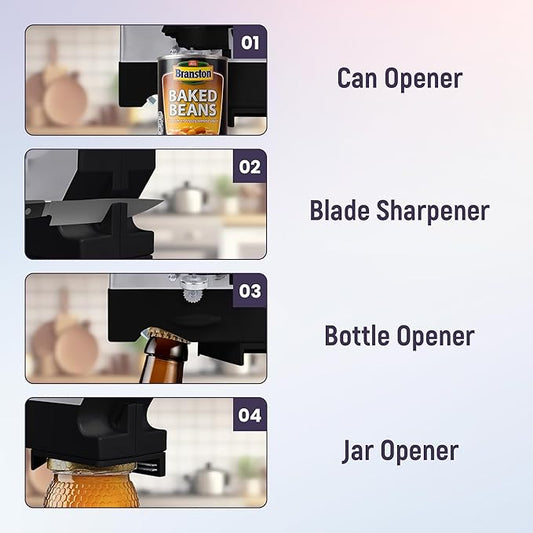 Electric Can Opener - 4 in 1 Under the Cabinet Mounted Can Opener, Blade Sharpener, Bottle Opener, Jar Opener, Mounting Bracket, Large or Small Cans for Seniors with Arthritis - Elitra Home (Black)