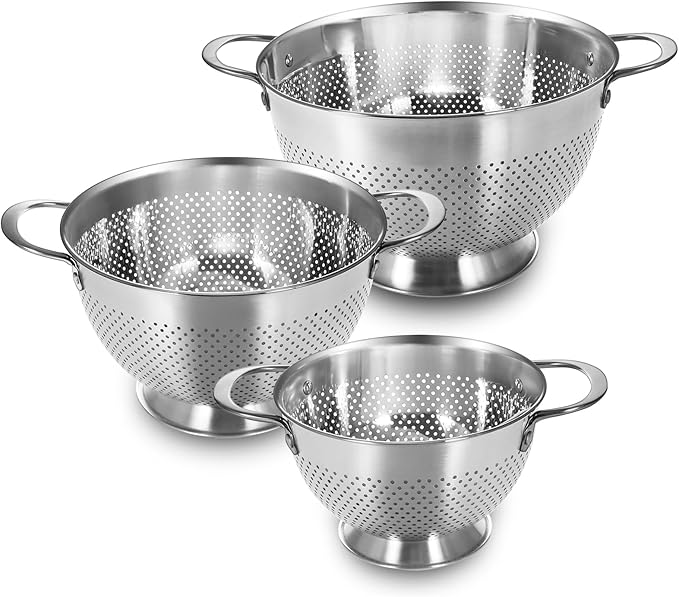 Stainless Steel Colander Set of 3 (1-3.5-5Quart) | Durable Rice and Pasta Strainer with Handle | Oversized Handles | Nesting Design | Rust-Resistant & Dishwasher Safe