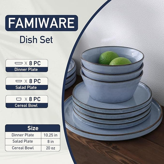 Famiware Plates and Bowls Sets, Annecy Stoneware Dinnerware Sets for 8, 24 Pieces Dish Set, Plate with Lip Edge, Reactive Glaze Tableware - Microwave & Dishwasher Safe, Reactive Blue