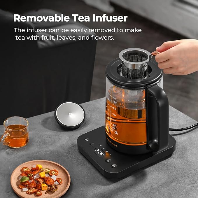 Narcissus Electric Kettle Temperature Control ±5℉, 1.8L Glass Electric Tea Kettle with Removable Infuser for Flowers & Fruit Tea, 1200W Fast Boiling, 6 Hours Keep Warming, Black