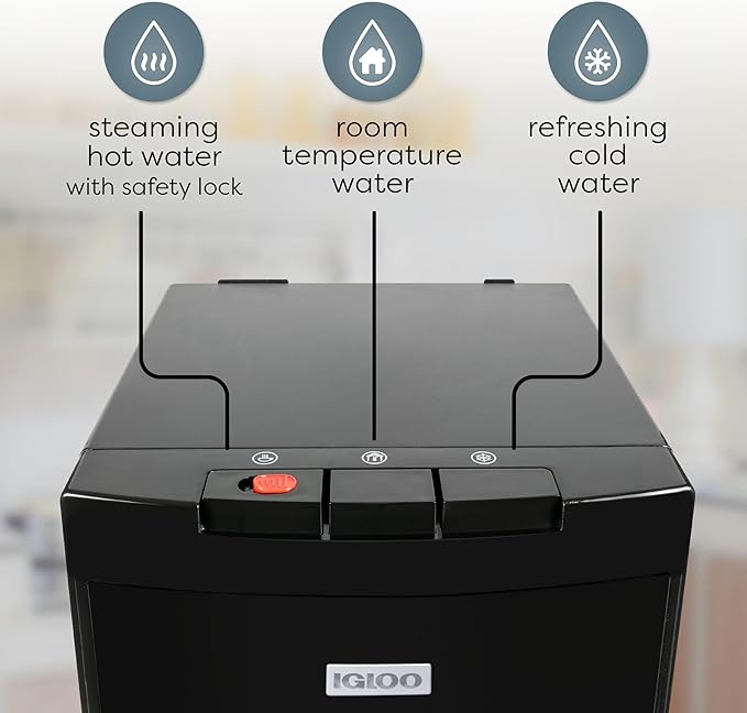 Igloo Bottom Loading Water Cooler – Hot, Cold, & Room Temperature Dispenser – Black, Holds 3 & 5 Gallon Jugs, Child Safety Lock – for Homes, Kitchens, Offices, Dorms