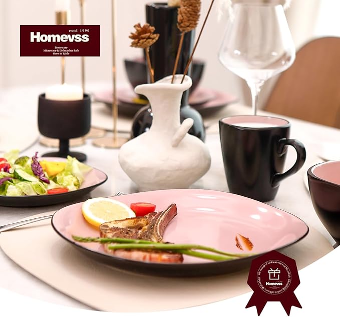 Stoneware Square 16pc Dinnerware Set, Inside Shiny Rose + Outside Matte Black