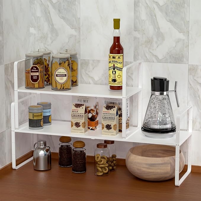 Redrubbit Expandable Cabinet Shelf Organizers, Stackable Kitchen Counter Shelves Spice Rack for Kitchen Bathroom Pantry Cupboard Desk Home Office, Metal Plate Heavy Duty Nonslip, White