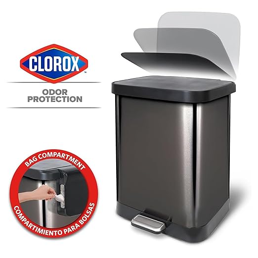 Glad Stainless Steel Step Trash Can with Clorox Odor Protection | Large Metal Kitchen Garbage Bin with Soft Close Lid, Foot Pedal and Waste Bag Roll Holder, 13 Gallon, Pewter