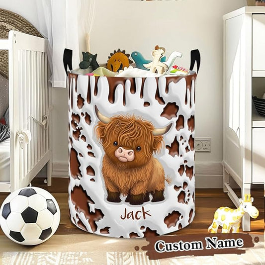 callie Personalized Highland Cow Laundry Basket for Kids, Waterproof Collapsible Laundry Hamper, Clothes Toys Storage Bin for Bedroom Nursery (13.8" x 16.5", 15.7" x 19.6")