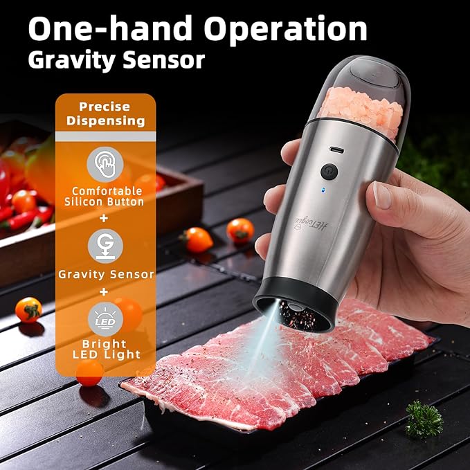 Electric Salt and Pepper Grinder Set with Safe Base, Automatic Mill by Gravity,Adjustable Coarseness with LED,Larger Rechargeable Battery,Easy filling,2 Pack Kitchen Tools