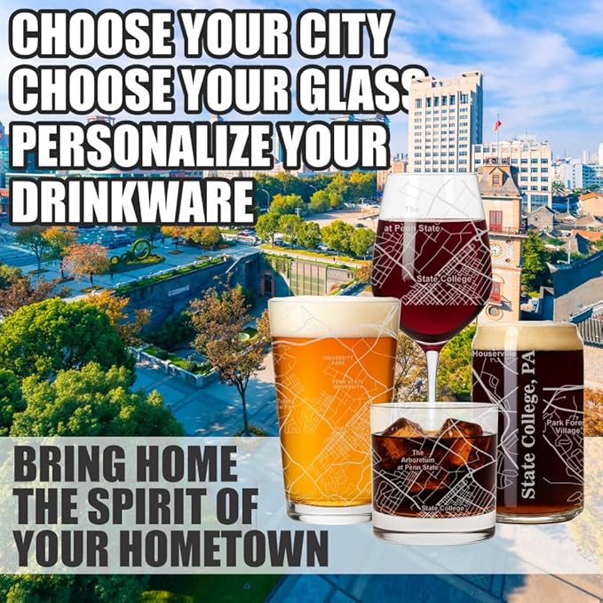 Blue Ridge Mountain Gifts - State College Souvenir - Pennsylvania Glassware Gift, Etched City Map, Laser Engraved and Dishwasher Safe
