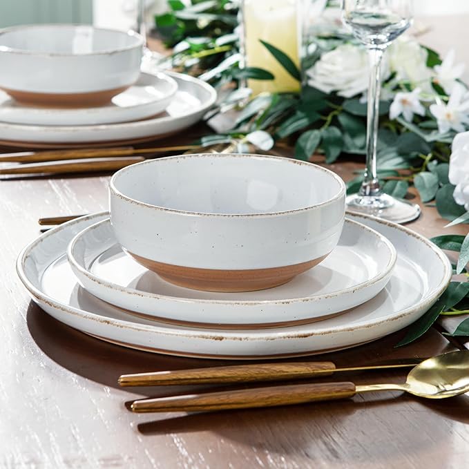 AmorArc Ceramic Dinnerware Sets for 4, 12 Pieces Handpainted Plates and Bowls Set with Rustic Terracotta Underside, Scratch Resistant Stoneware Dishes Set, Dishwasher & Microwave Safe, White
