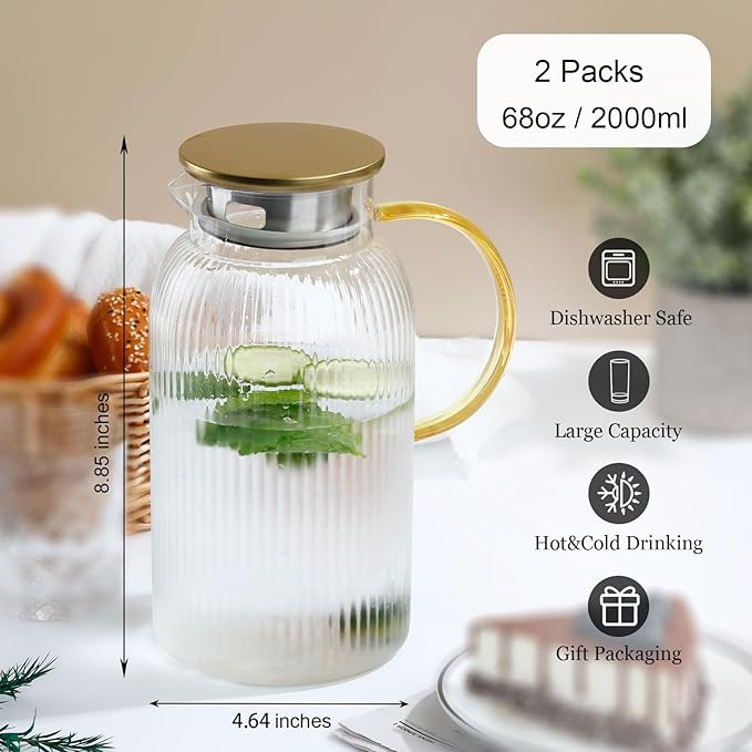 2 PACK Glass Pitcher with Lid, 68oz/2Liter Borosilicate Glass Water Pitcher, Heat Resistant Vertical Striped Water Carafe for Iced Tea, Fruit Tea, and Hot Beverages, Dishwasher Safe, Christmas Gifts