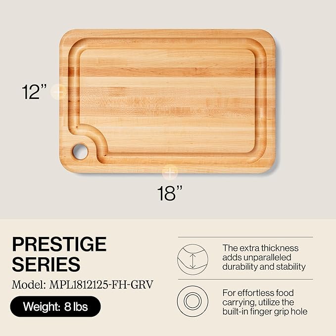 John Boos Prestige Series Rectangular Wooden Maple Cutting Board 18”x12” – 1.25” Thick, 8-lb Reversible Butcher Block with Juice Groove, Edge-Grain & Finger Grip Hole – Made in the USA