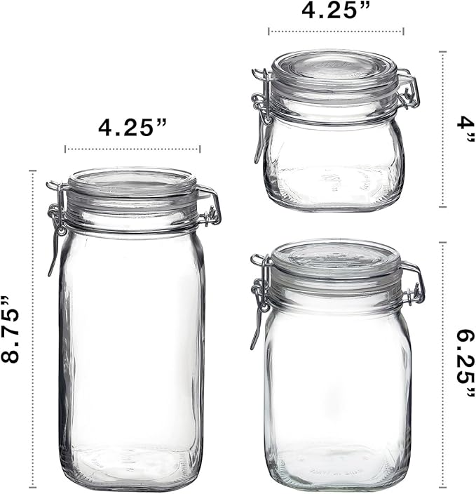 Bormioli Rocco Fido 3-Piece Set Food Storage - Pasta and Cookie Jars - Hermetically Sealed - Retains Freshness - Organizing small (17), medium(33), and large(50) Jars, clear (149740S06021990)