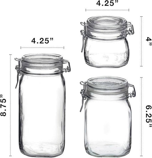 Bormioli Rocco Fido 3-Piece Set Food Storage - Pasta and Cookie Jars - Hermetically Sealed - Retains Freshness - Organizing small (17), medium(33), and large(50) Jars, clear (149740S06021990)