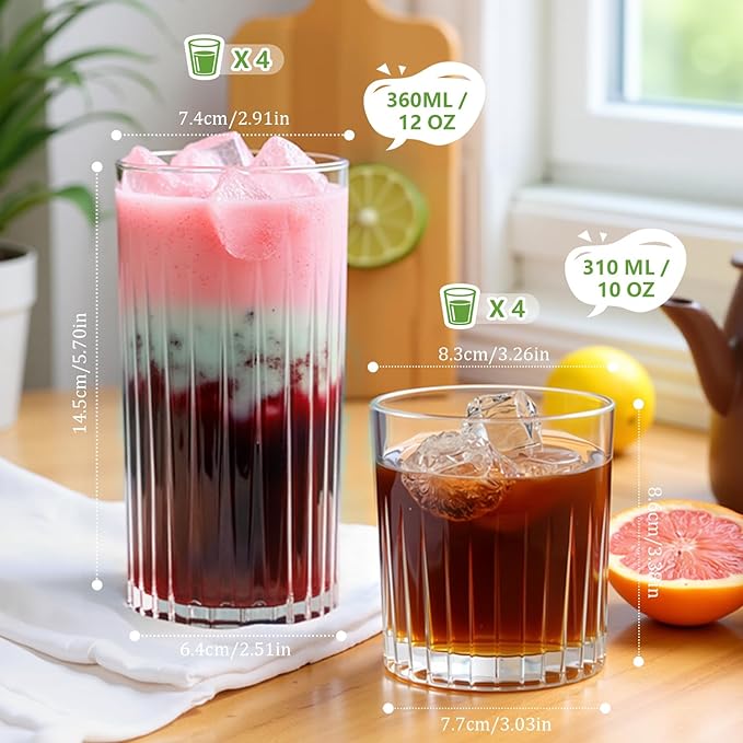 Laerjin Drinking Glasses Set of 8, 12 oz Highball Glasses & 10 oz Cocktail Glasses Set, Ribbed Glass Cups,Thick Glass Cups, Kitchen Water Glasses Cup, Bar Tumbler Glassware for Beer, Whiskey(Clear)