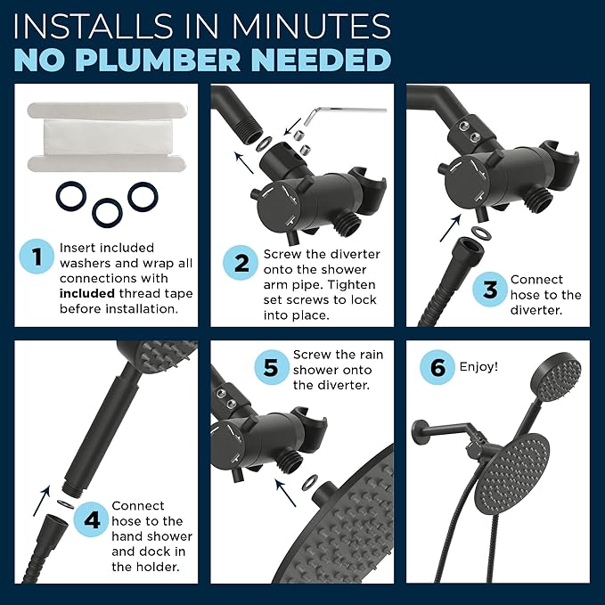 HammerHead Showers® Solid Metal Dual Shower Head Combo – MATTE BLACK – 8 Inch Rainfall High Flow Shower Head & Handheld Shower Head High Pressure with Hose 6ft - Hotel-Like Double Shower Heads