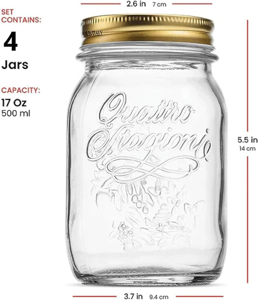 Bormioli Rocco Quattro Stagioni set of 4 Clear Airtight Mason Jars, 17 Oz. Made from BPA Free Durable Glass, Made In Italy.