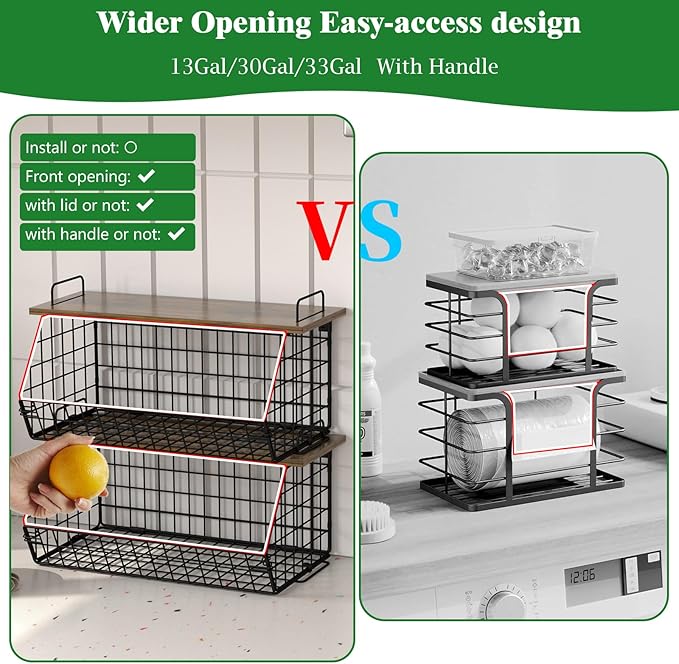 2 Pack Extra Large Pantry Organizers and Storage Stackable Trash Bag Holder,Laundry Room Organizers Basket with Wood Top,Wall Mount Large Standard Garbage Bag Dispenser,Under Sink Organization