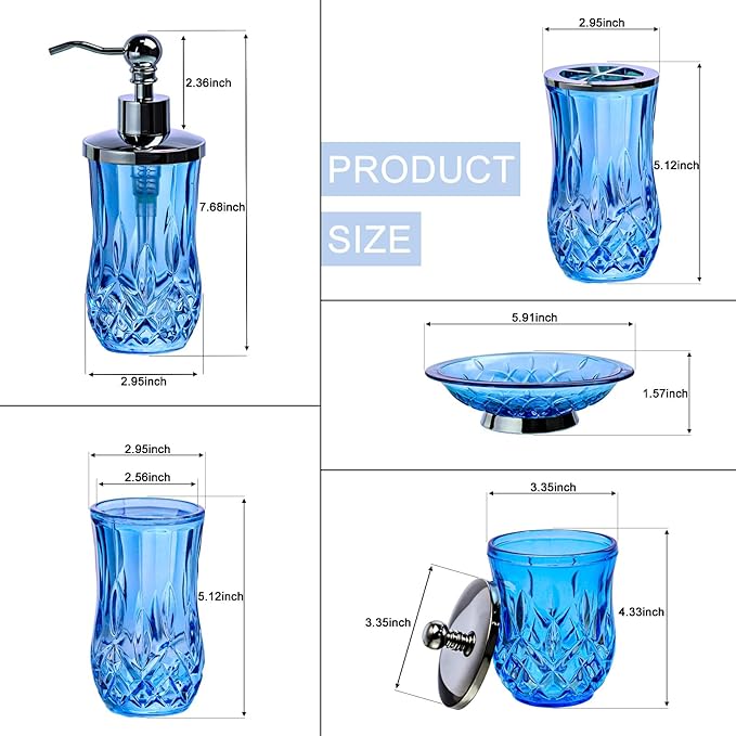 Bathroom Accessories Set,5 Pcs Blue Glass Bathroom Accessory Set,Complete Lotion Soap Dispenser,Toothbrush Holder,Soap Dish,Tumbler & Jar,Modern Bathroom Decor Sets,Gift for Home Apartment,Round