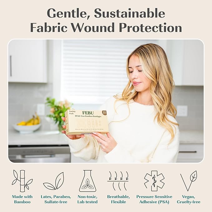 FEBU Eco-Friendly Bamboo Fabric Bandages | PFAS Free Flexible Fabric Bandages | Natural Hypoallergenic Bandage for Scrapes, Cuts & First Aid | Fully Compostable, Latex Free Bandage | 75 Count Strip