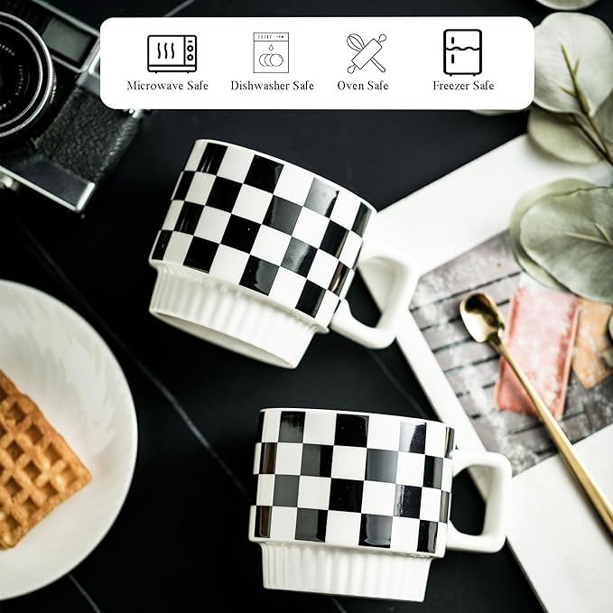 Stackable Coffee Mug Set of 4 with Rack 11 oz Tea Cup Set with Little Spoon for Coffee Tea Cocoa Milk, Checkered Black and White Pattern Coffee Mug for Housewarming Gift