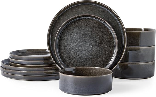 Stoneware Dinnerware Sets, Plates and Bowls Set for 4, 12-Piece Modern Stoneware Dinnerware – Chip Resistant, Non-Toxic, Dishwasher and Microwave Safe Tableware，Matte Black
