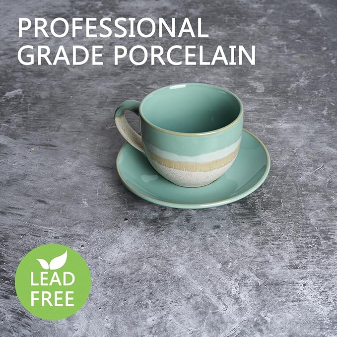 Bosmarlin Ceramic Cappuccino Cup and Saucer Set of 2, 10 Oz, Coffee Cups for Latte, Espresso, Tea, Dishwasher and Microwave Safe (Mint Green)