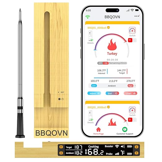 Premium WiFi sub-1G Wireless Meat Thermometer with Unlimited Range, 7 NIST-Certified Sensors, IP68 Waterproof, APP& Smart Magnetic Digital Base for BBQ, Grill, Oven & Smoker (1, Grey, Small)