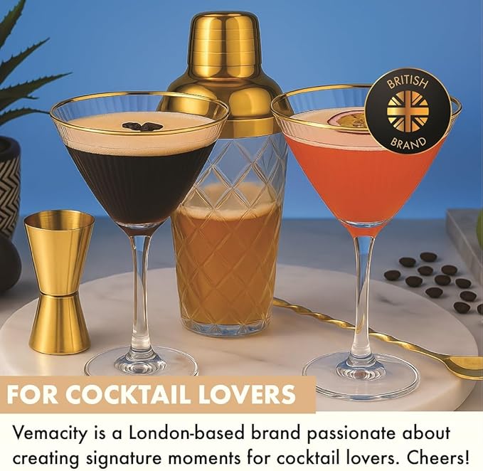 VEMACITY - Luxury Cocktail Shaker Set - Gold Glass Cocktail Shaker with Built-In Strainer + 2 Ribbed Espresso Martini Glasses with Gold Rims, Bar Spoon & Jigger | Ideal for Christmas & New Years