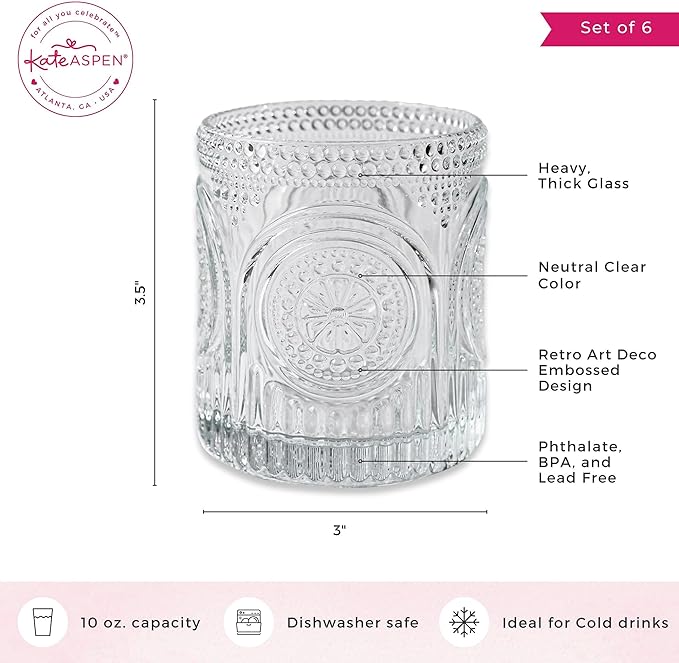 Kate Aspen Ribbed Retro Arch Floral Clear Drinking Glasses Set of 6, (10 oz) Vintage Glassware Set Cocktail Glass Set, Juice Glass, Water Cups | Great Hostess Gift & Gift for New Home Owners