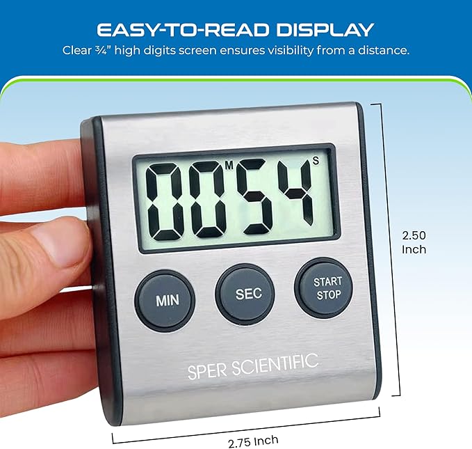 Sper Scientific Stainless Steel Digital Lab + Kitchen Timer 810028A – Compact Design Timer with Large Display & Loud Alarm - for Cooking, Baking, Labs, Workouts & More - 2 pc