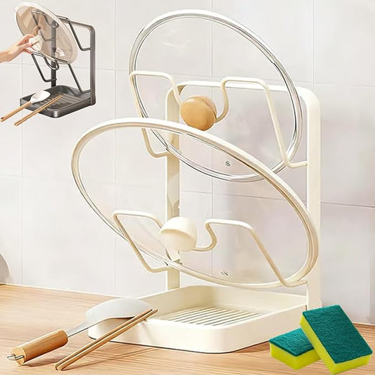 Kitchen Pot Lid Storage Rack, 2026 New Pot Lid Organizer Rack, Kitchen Pot Lid Holder While Cooking with Tray, Multifunctional Kichen Lid and Spoon Rest, Perfect for Busy Cooking (Beige, Double-layer)