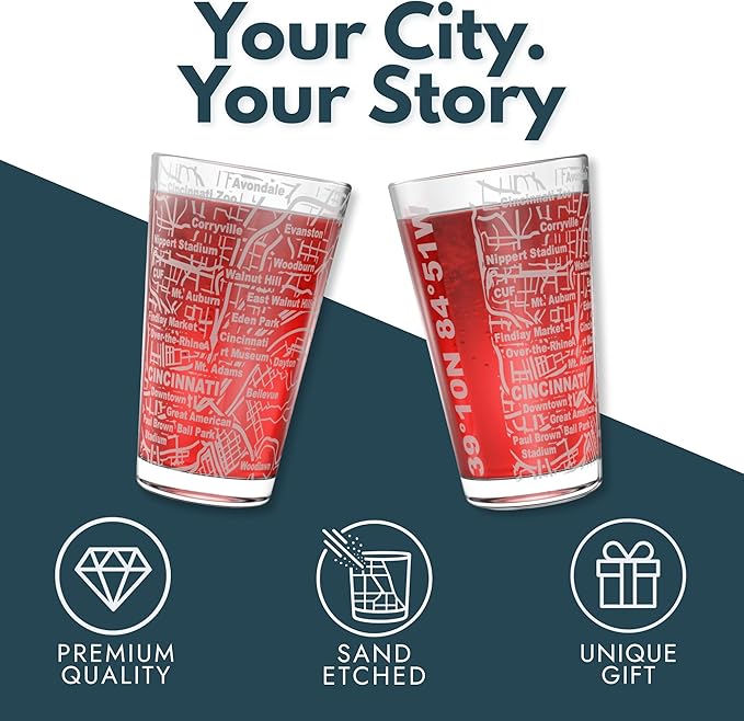 Greenline Goods – Cincinnati, OH Map Pint Beer Glasses (Set of 2), 16 oz – Etched Wrap Design