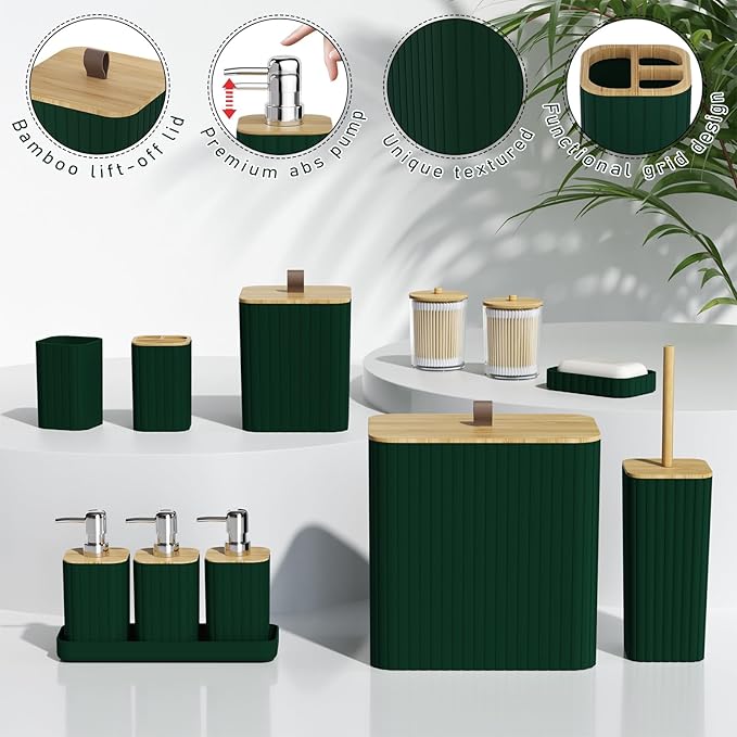 Bathroom Accessory Set - Dark Green Bathroom Set, 27PC Bathroom Accessories Set, Bathroom Sets with Shower Curtain and Rugs, Mini Trash Can, Toilet Brush, Trash Can & Soap Dispenser