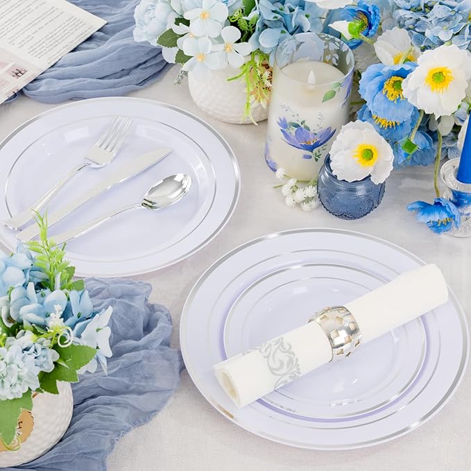 Supernal 800Pcs Silver Plastic Plates,Silver Plastic Dinnerware Set,Disposable Silvery Plates Include 100 Dinner Plate,100 Salad Plate,100 Spoons,200 Forks,100 Knives,100 Cups,100 Napkins for Party