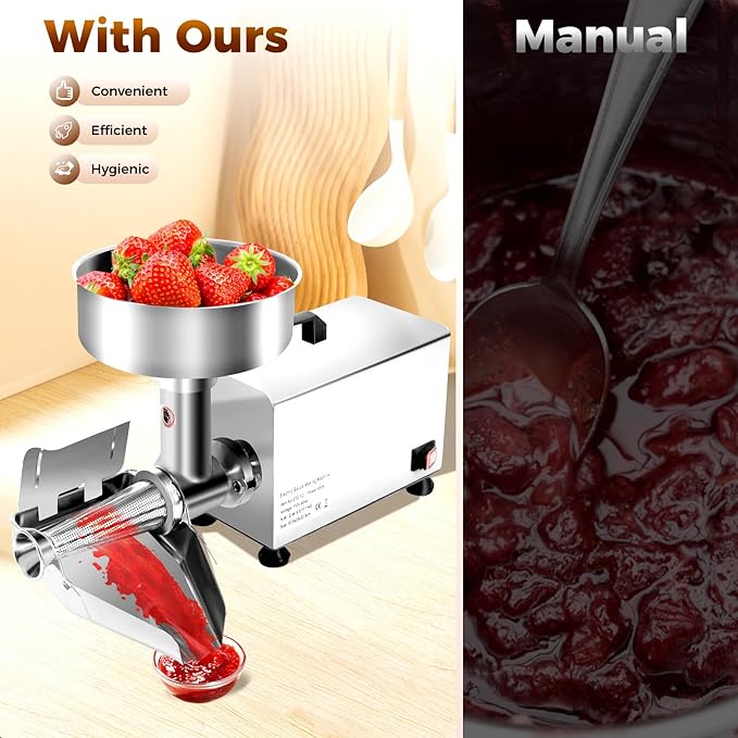 Electric Tomato Strainer, 450W Commercial Tomato Sauce Jam Maker with Handle & Adjustable Trough 304 Stainless Steel Food Press Sauce Maker Food Strainer for Tomatoes Strawberry Blueberry Sauces Etc