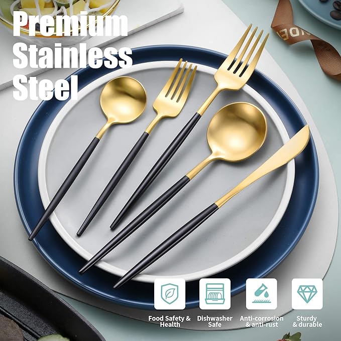 Lemeya Matte Black Gold Silverware Set for 4,Modern Stainless Steel Brushed Cutlery Set,20-Pieces Heavy Duty Flatware Set,Knives Spoons and Forks Set Utensils Set, Satin Finish, Dishwasher Safe
