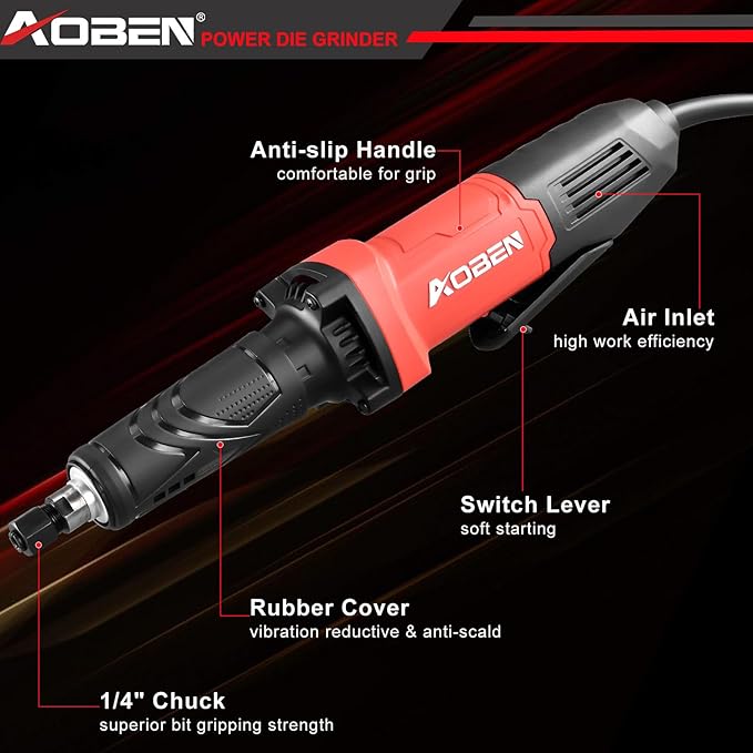 AOBEN Power Die Grinder Tool, 1/4" Electric Corded Die Grinder, 28000 RPM Heavy Duty Low Noise for Metal Grinding, Polishing, Deburring, Welding Repair