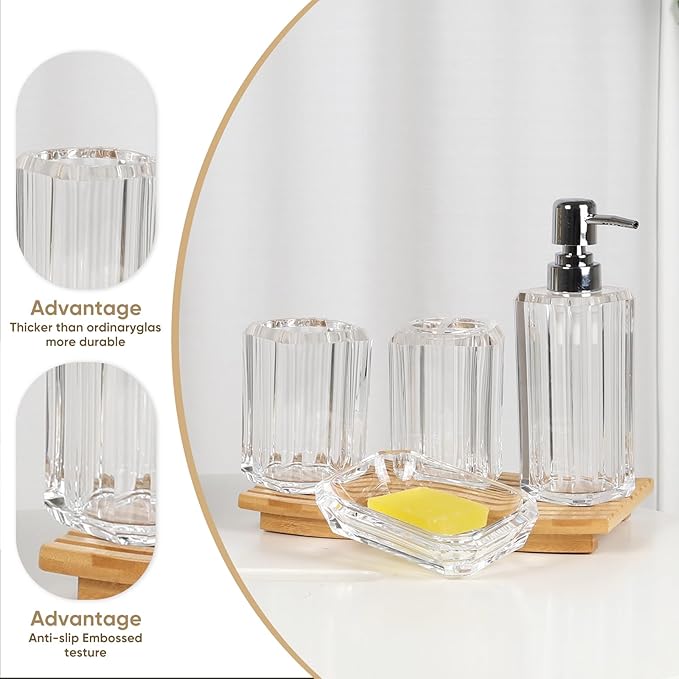 Clear Bathroom Accessories Set, Bathroom Accessories Set, 4 Pcs Acrylic Bathroom Accessories Sets Hand Sanitizer Bottle, Lotion Can, Separate Bottle, Soap Box, Toothbrush Cup(Clear)