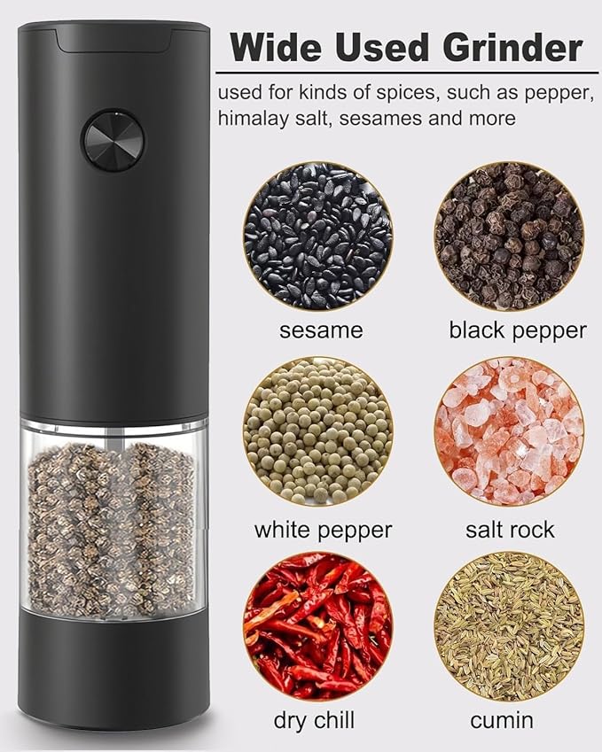 Electric Salt and Pepper Grinder Set: - Battery Powered Pepper Mill Automatic Salt Shakers Adjustable Coarseness White Light One Hand Operation Storage Base