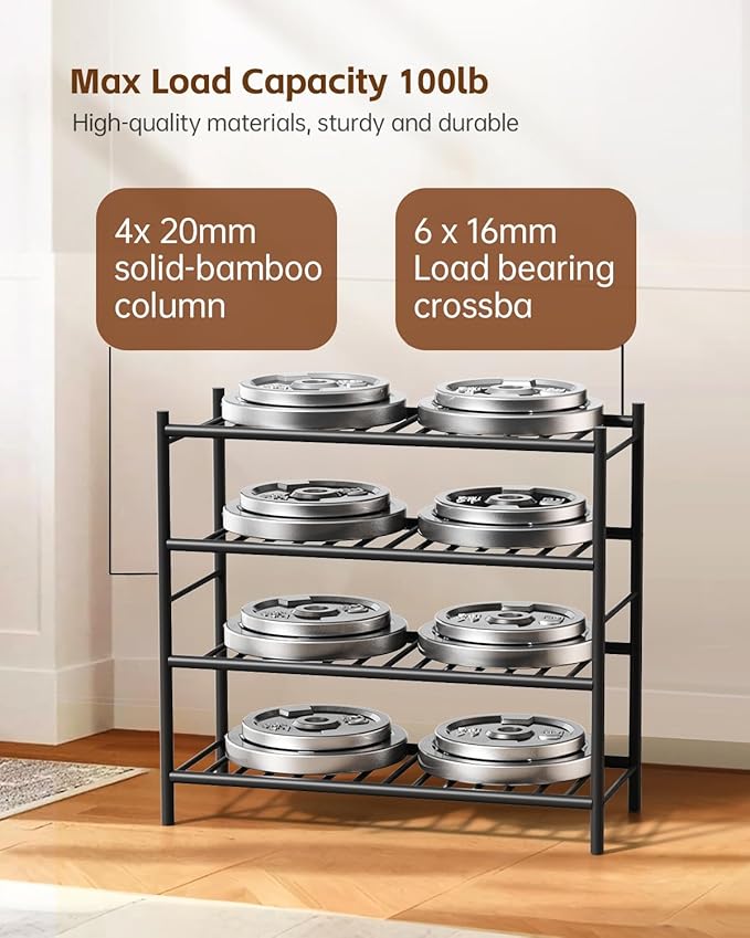 Bamboo Shoe Rack for Closet Small Wooden Shoe Organizer with Pouch, Sturdy Wood Shoe Shelf for Front Door Entrance Entryway and Outdoor, 26 inch Wide (Black, 4-Tier)