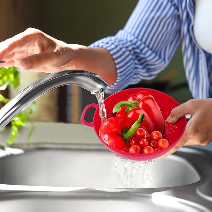 Meadow Lane 6-inch Small Colander, BPA-Free, Dishwasher Safe, Double Handles, Compact Food Strainer for Berries, Veggies and Pasta, 3-Cup Capacity, Cardinal Red
