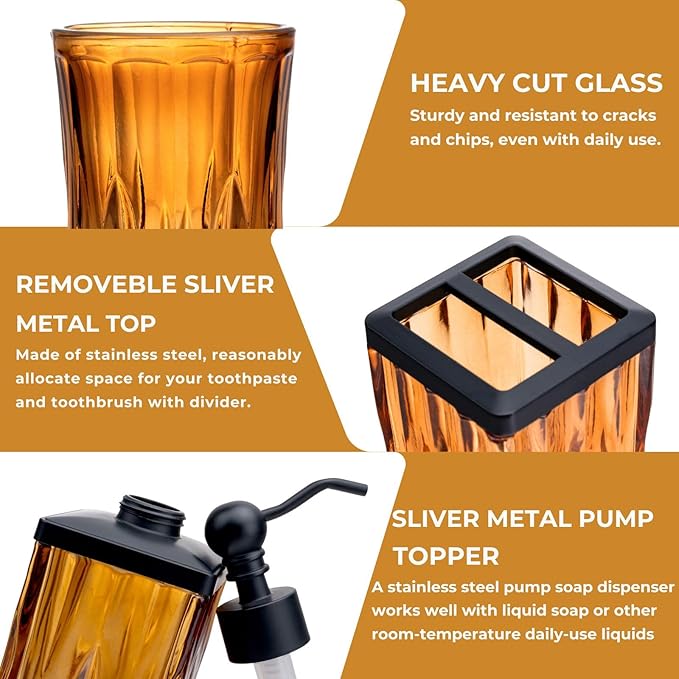 Bathroom Accessories Set,5 Pcs Amber Glass Bathroom Accessory Set,Complete Lotion Soap Dispenser,Toothbrush Holder,Soap Dish,Tumbler & Jar,Modern Bathroom Decor Sets,Gift for Home Apartment,Square