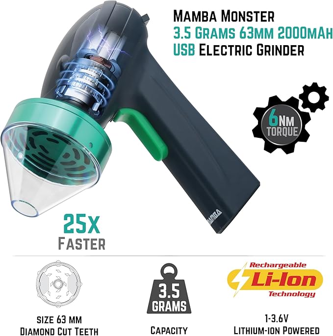 Mamba Monster 3.5g USB Electric Herb Grinder. Large Capacity Portable Metal Herbal Machine & Spice Mill for the Kitchen (Green)