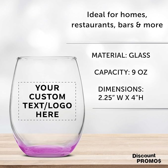 DISCOUNT PROMOS Custom Stemless Wine Glass 9 oz. Set of 10/50/100, Personalized Bulk Pack - Great for Wedding Favors, Bachelorette Party Decorations, Party Favors - Pink