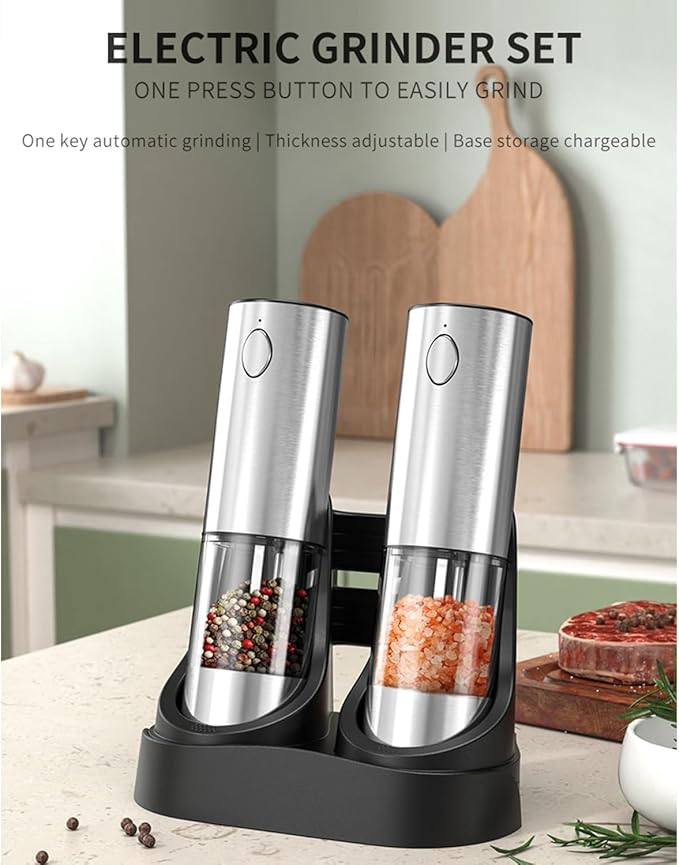 RECHARGEABLE - Electric Pepper and Salt Grinder Set, Adjustable Coarseness, With LED Light, One Hand Automatic Operation (C/Silver)