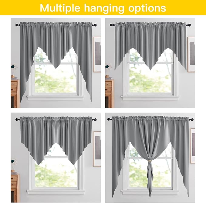 NICETOWN Swag Curtains for Kitchen, Blackout Rod Pocket Small Window Tiers Tailored Scalloped Valances for Bedroom (Set of 2, 36 inches by 36 inches Each Panel, Silver Grey)