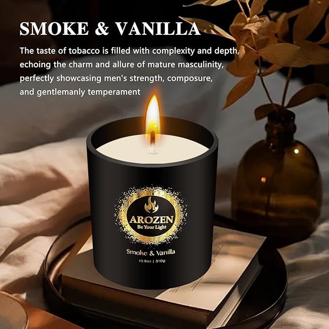 Premium Smoke & Vanilla Scented Candles | Black Large Candle for Home Scented | 70-Hour Long Lasting Soy Candle for Him, 10.8oz, Men’s Aromatherapy Candles Gifts for Men, Stress Relief Gift