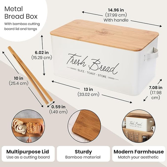 Talented Kitchen Countertop Bread Box - White Metal, Airtight Storage Container with Wood Cutting Board Lid & Side Handles - Wood Tongs Included - Bread Storage Container for Kitchen Organization
