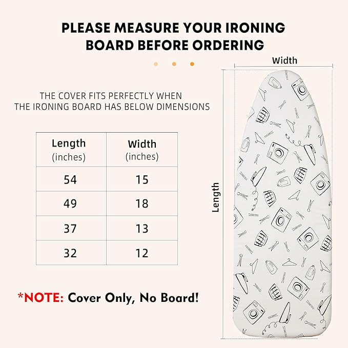 Seiritex Wide Ironing Board Cover and Pad 18 x 49 inch Heat Reflective with Hook and Loop Fasteners, Thick Padding with Elasticized Edges, 3 Layers Iron Board Cover (White)