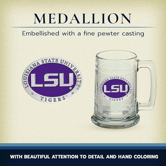 Heritage Pewter LSU Beer Stein Glass | 15 Ounce German-Style Beer Glass | Intricately Crafted Metal Pewter Alma Mater Inlay