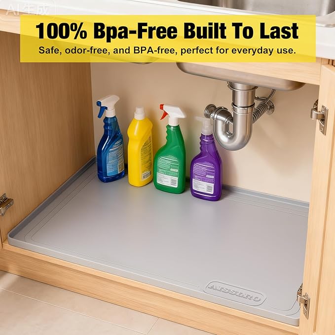 Under Sink Mat 28" X 19", Waterproof Silicone Under Sink Mats for Kitchen, Anti-Leak Shelf Liner & Cabinet Protector with Raised Edge, [BPA Free] Bathroom Tray Home Organizer, Light Grey
